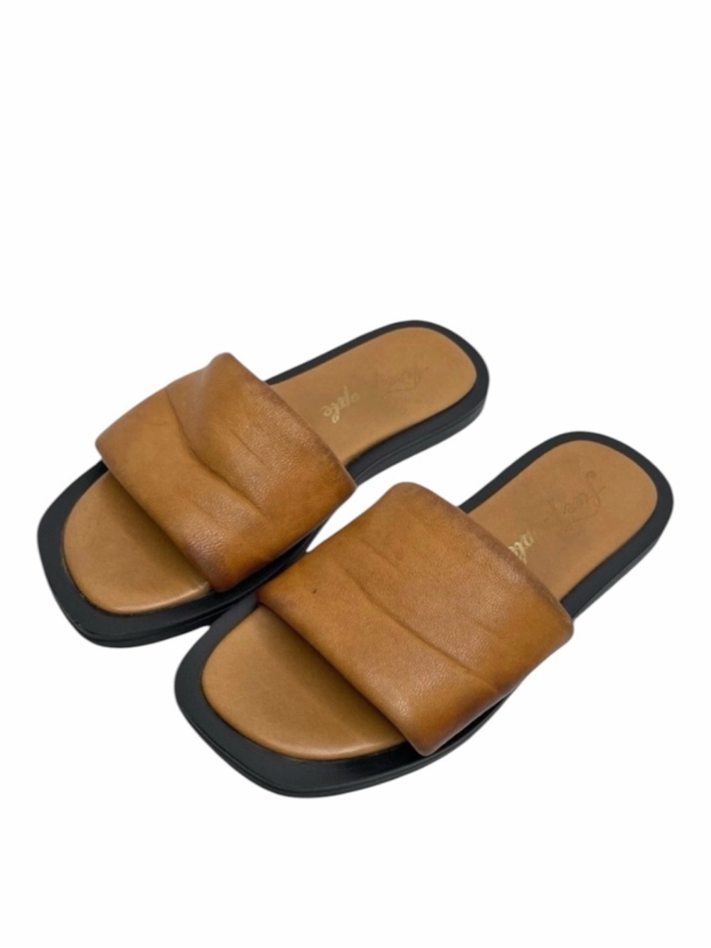 Free People Wren Slide Sandals Tan Leather Square Toe Flats EU 37 / US 6.5
